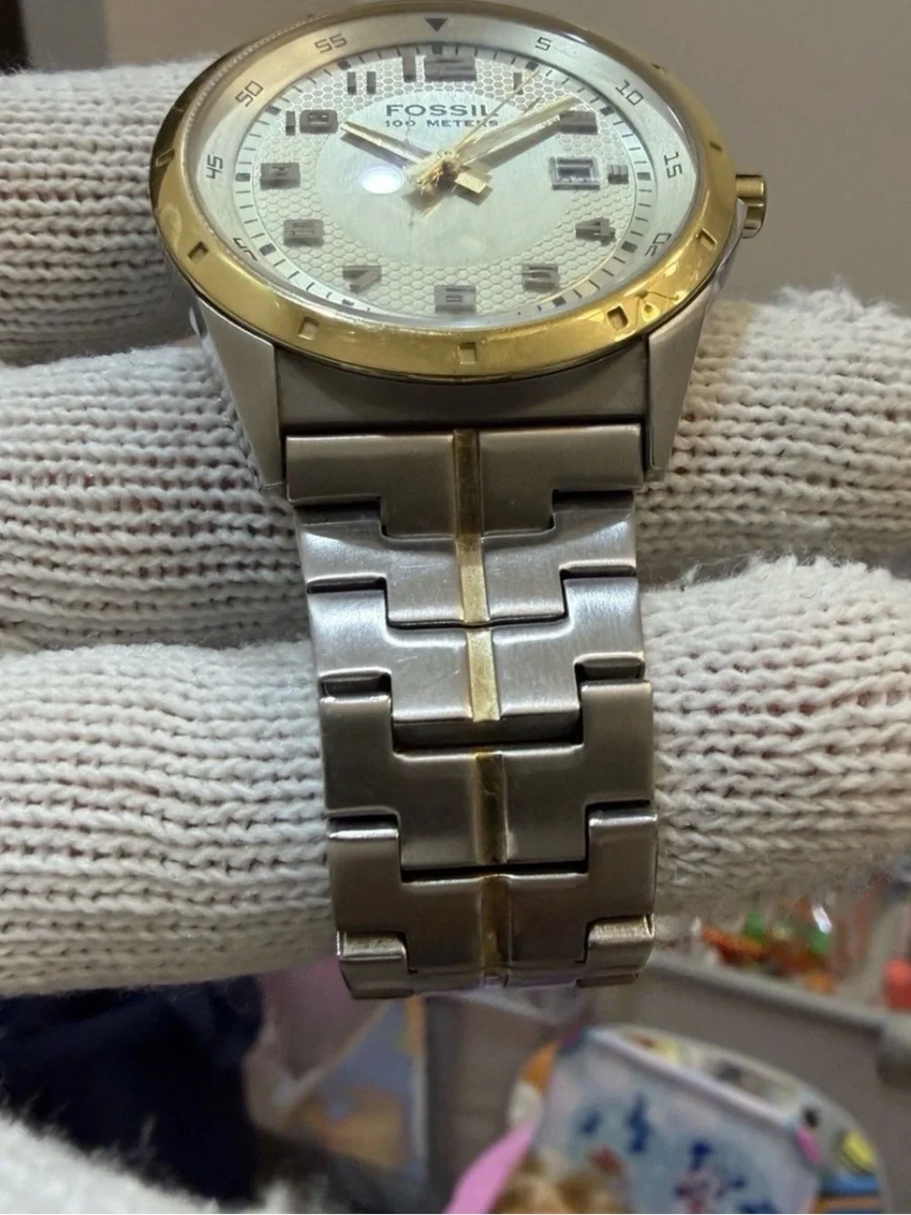 Fossil PR-5363 Men's Watch Two-Tone Gold Silver Stainless Steel Honeycomb Dial